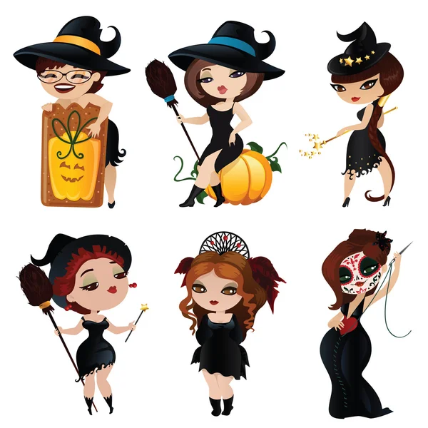 Set de 6 encantadoras brujas — Vector de stock