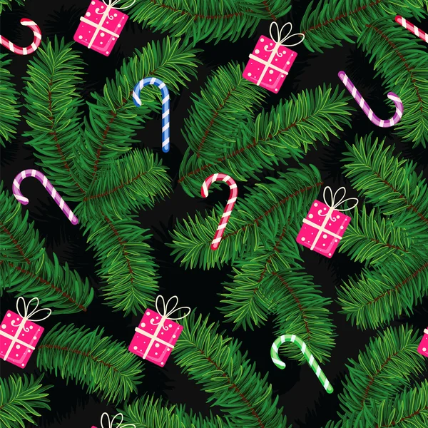Boże Narodzenie wzór z jodły kończyn, prezenty i cukierki — Wektor stockowy