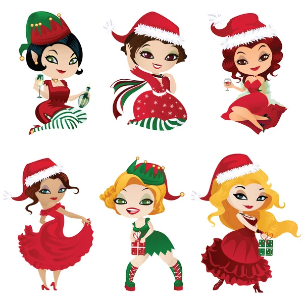 Conjunto de elfos y niñas de santa — Vector de stock