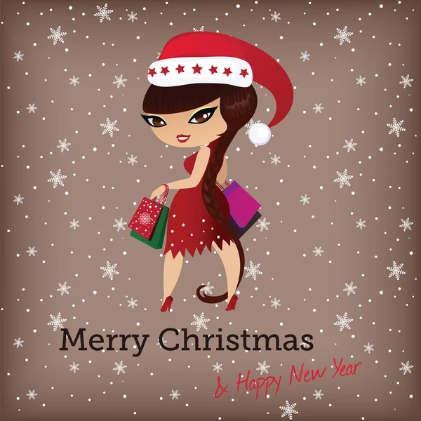 Cartão de Natal com bonito santa menina —  Vetores de Stock