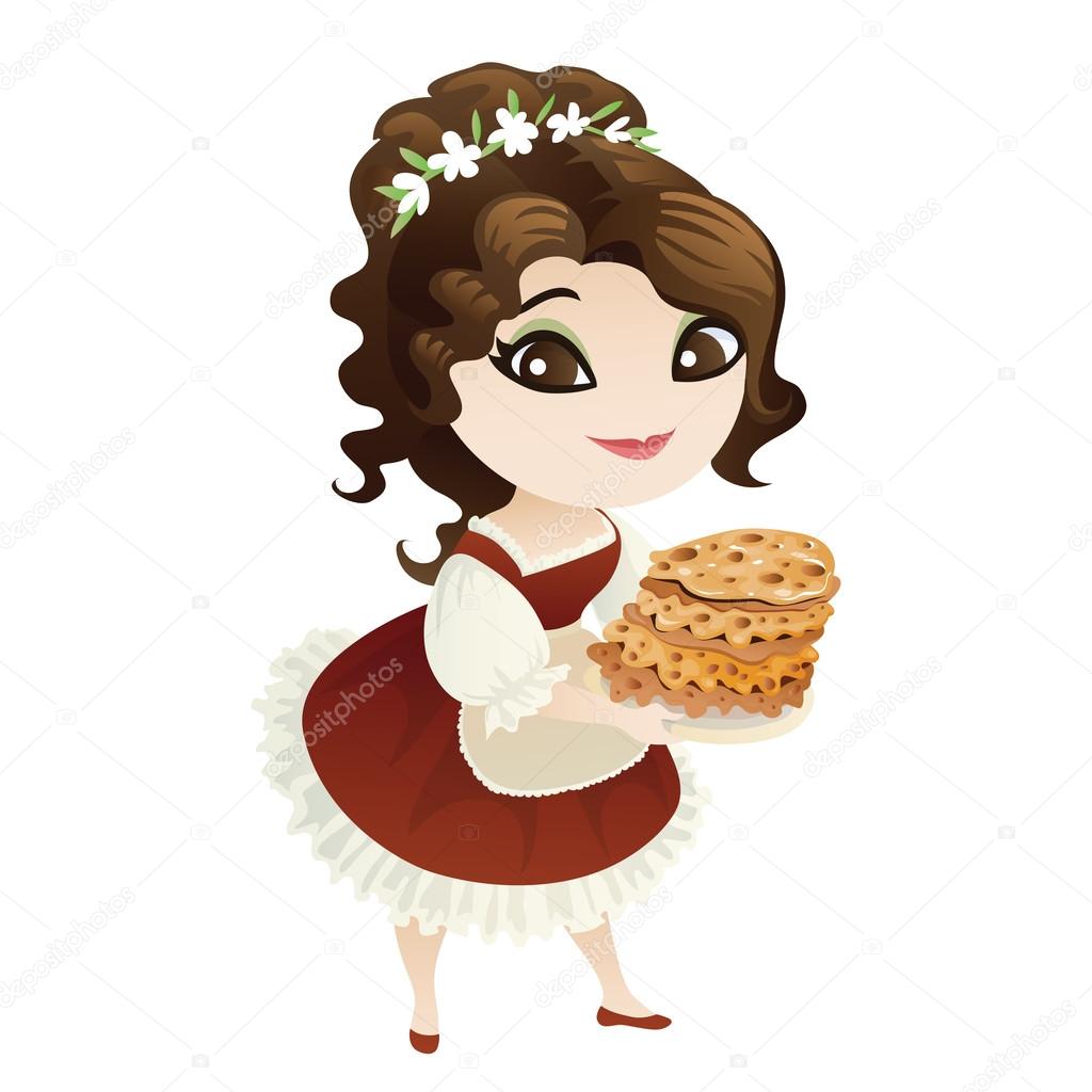Housewife with a tray of pancakes
