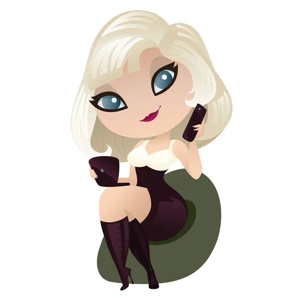 Charmante blonde met laptop en telefoon — Stockvector