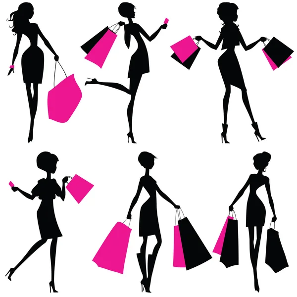 Siluetas de mujeres con bolsas de compras — Vector de stock