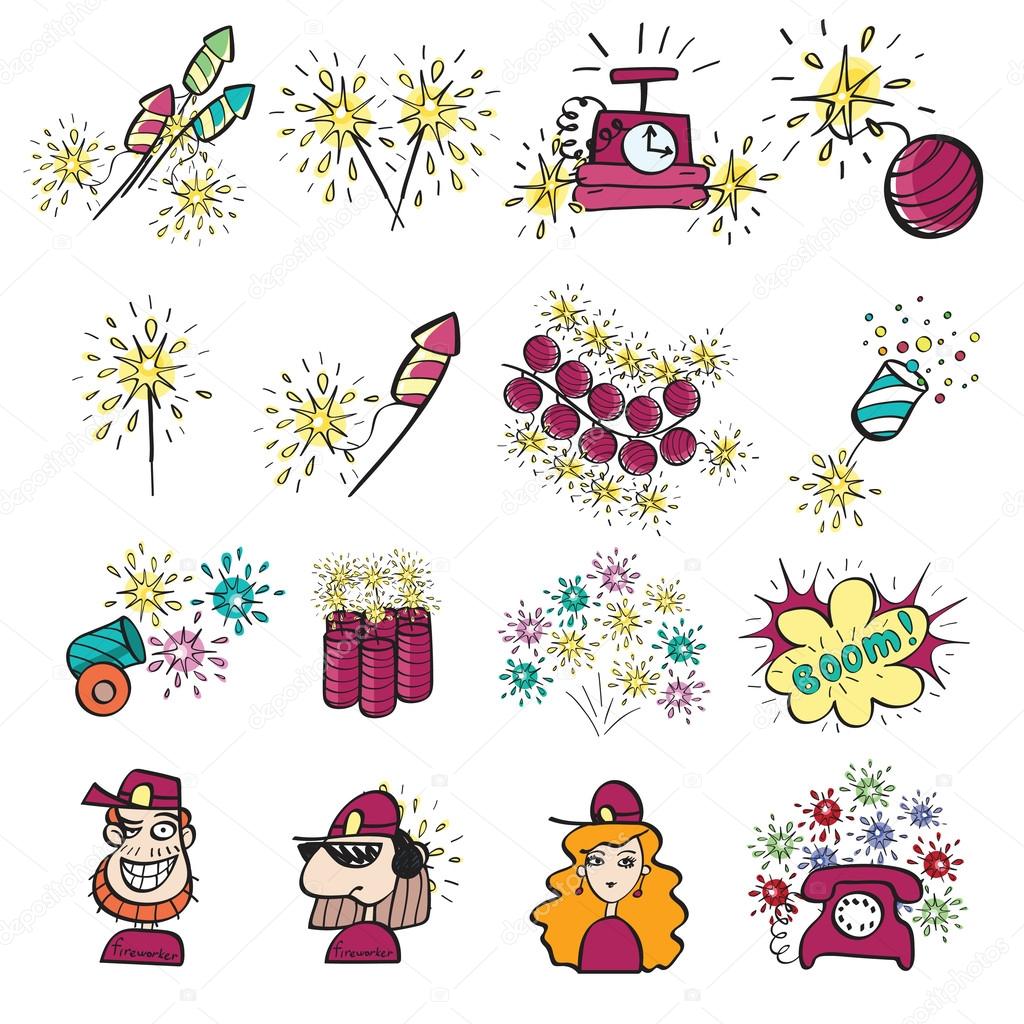 Pyrotechnic doodle icons set