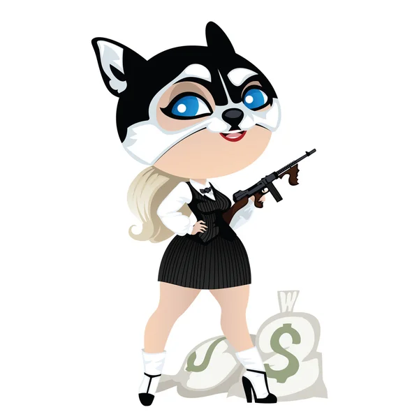 Hübsches Mädchen Gangster mit einer Waffe und Taschen mit Geld — Stockvektor