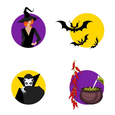 Set of 4 icons in a flat style: witch, vampire, cauldron, bats