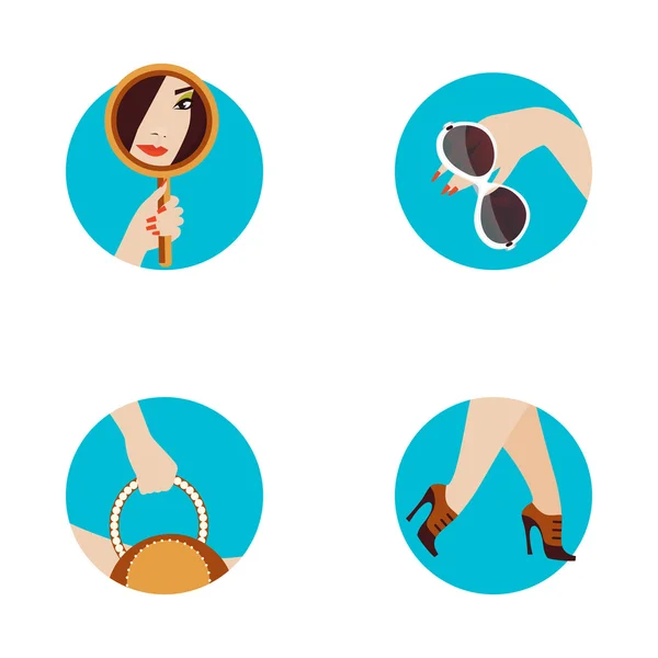 Conjunto de 4 iconos de accesorios para mujer: espejos, zapatos, bolso a — Vector de stock