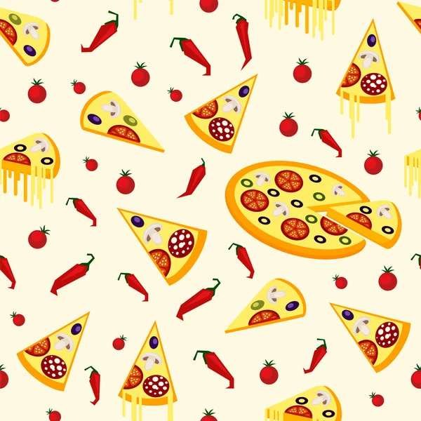 Seamless pattern of pizza, chili peppers and tomatoes. — Stock Vector