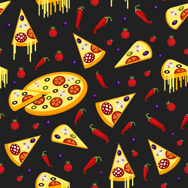 Patrón sin costuras de pizza, chiles y tomates . — Vector de stock
