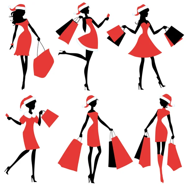 Set of silhouettes of Santa girls with bags in their hands — Stock Vector