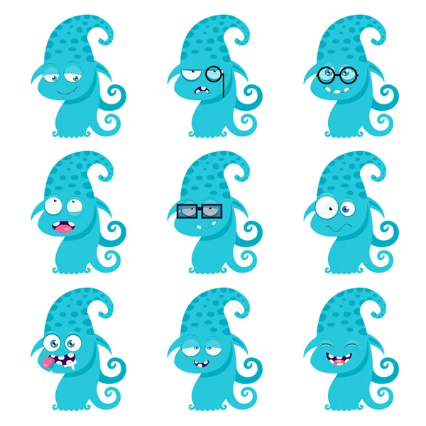 Cartoon monster met verschillende emoties. — Stockvector