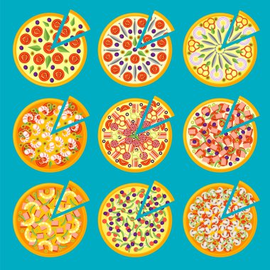 Üzerinde mavi arka plan izole bir düz tarzı pizza simgeler kümesi.