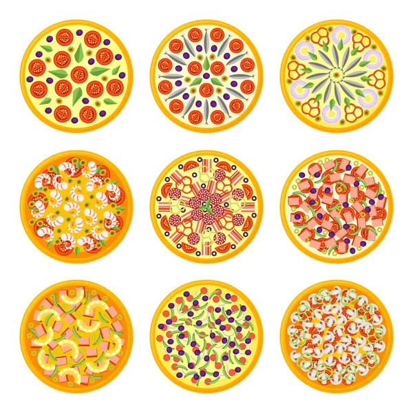 Conjunto de iconos de pizza en un estilo plano aislado sobre fondo blanco . — Vector de stock