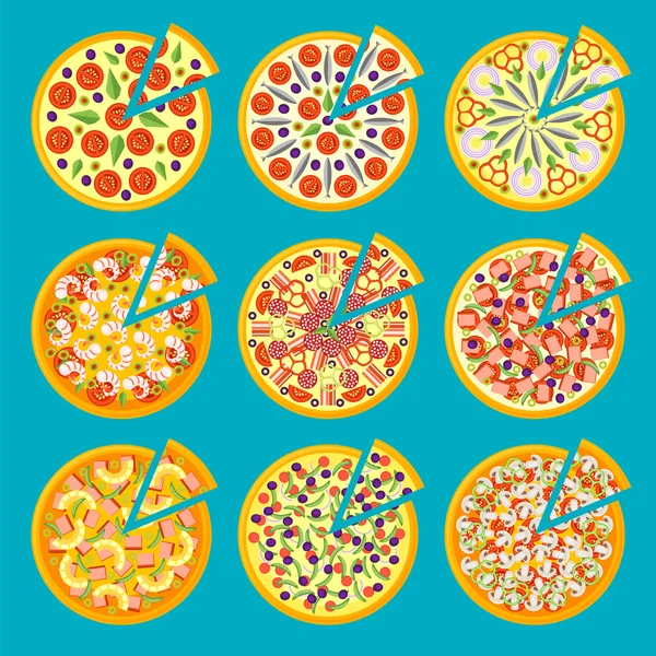 Sada pizza ikon ve stylu plochý izolovaných na modrém pozadí. — Stockový vektor