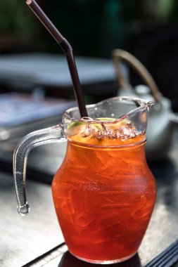 Iced lemon tea in the pitcher, A jug of cold tea mixed with lemo