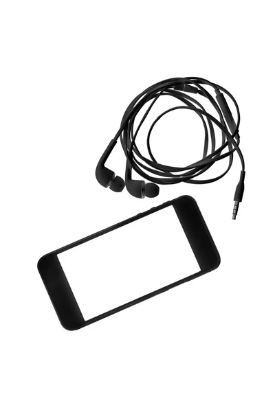 Zwarte mobiele telefoon met koptelefoon — Stockfoto