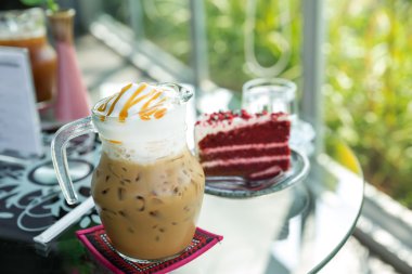 Iced coffee with velvet red cake