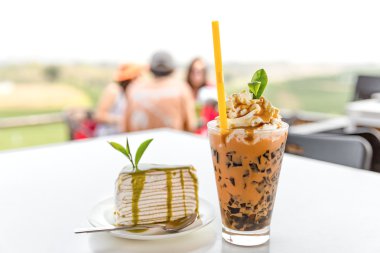Cake with ice milk tea