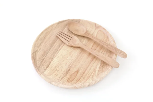 Wooden plate and spoon, fork — Stock Photo, Image