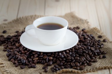 Kahve fincanı ve çay tabağı ahşap bir masada.