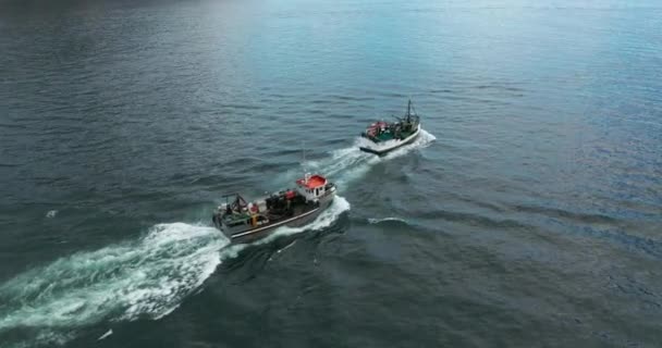 Aerial view. Fishing boats trawler ship sailing on ocean on sunset. — Stock Video