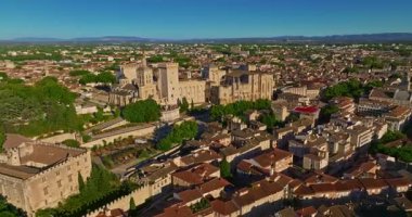Fransa 'nın güneyinde ortaçağ mimarisi ile Provence' deki Rhone nehri üzerindeki Fransız şehri Avignon 'un hava manzarası. Avignon Köprüsü ve Saray.