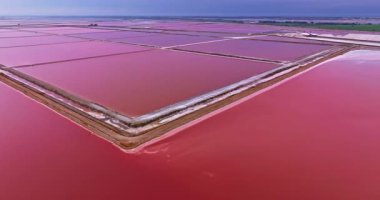 Canlı pembe tuz göletlerinin havadan görünüşü. Tuz Üretimi. Fransa.