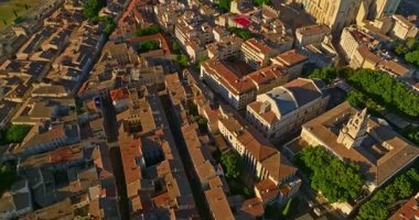 Fransa 'nın güneyinde ortaçağ mimarisi ile Provence' deki Rhone nehri üzerindeki Fransız şehri Avignon 'un hava manzarası. Avignon Köprüsü ve Saray.