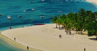 Deniz kıyısındaki kristal suyun havadan görünüşü, Mauritius 'un palmiye ağaçları ve adanın çevresinde yaşayan resifler. Mercan resiflerinin oluşturduğu deniz lagününün çekimleri.