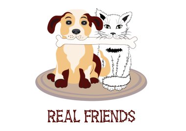 Köpek ve kedi yavrusu bir kemik birlikte kemiren çizimi