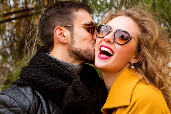 Lifestyle close up portrait of happy smiling couple in love