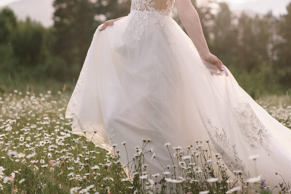 A bride in a wedding dress at sunset walks along a chamomile field