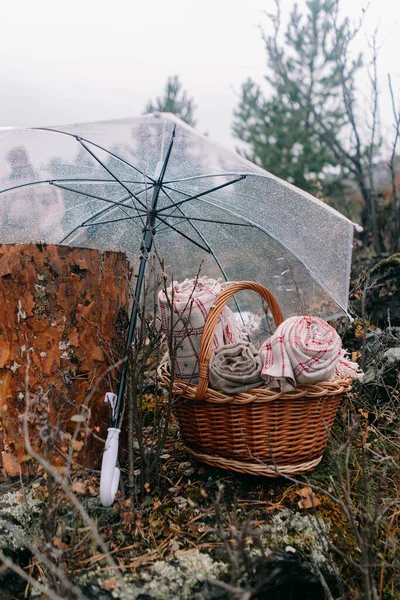 Paraguas Transparente Protege Las Cosas Debajo Otoño — Foto de Stock