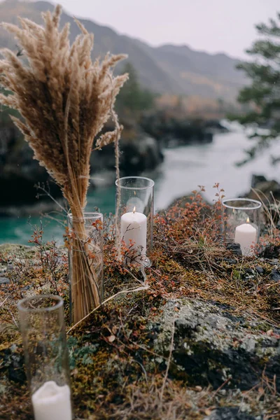 Velas Decoración Boda Otoño Hierba Amarilla — Foto de Stock