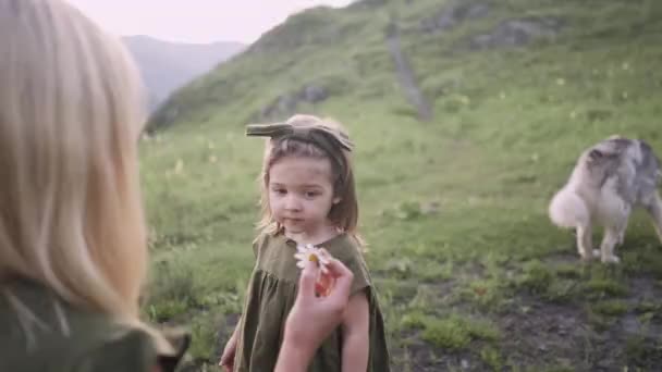 Mãe Insere Uma Flor Cabelo Sua Filha Pôr Sol Altai — Vídeo de Stock