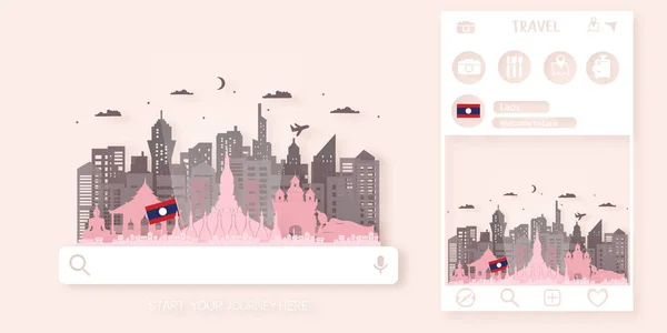 老挝旅游门票明信片 世界著名的老挝地标旅游广告 矢量说明 免版税图库插图