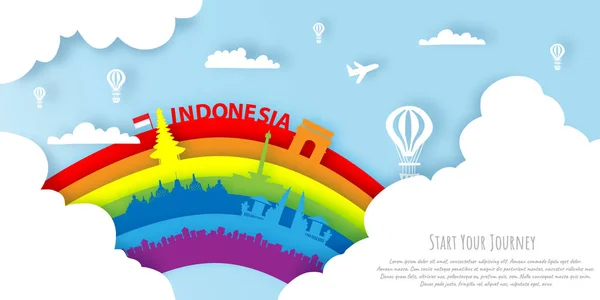 印度尼西亚的剪纸风格与彩虹 印度尼西亚的地标 免版税图库插图