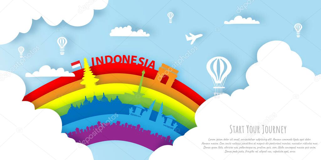 Indonesia in paper cut style with a rainbow. Landmarks of Indonesia Vectors Illustration