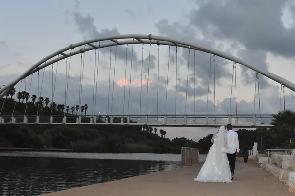 Gli Sposi Camminano Matrimonio Gli Sposi Stanno Con Spalle Notte — Foto Stock