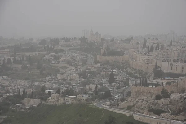 Ιερουσαλήμ Ισραήλ Μαρτίου 2021 Θέα Της Παλιάς Πόλης Ομίχλη Ημέρα — Φωτογραφία Αρχείου