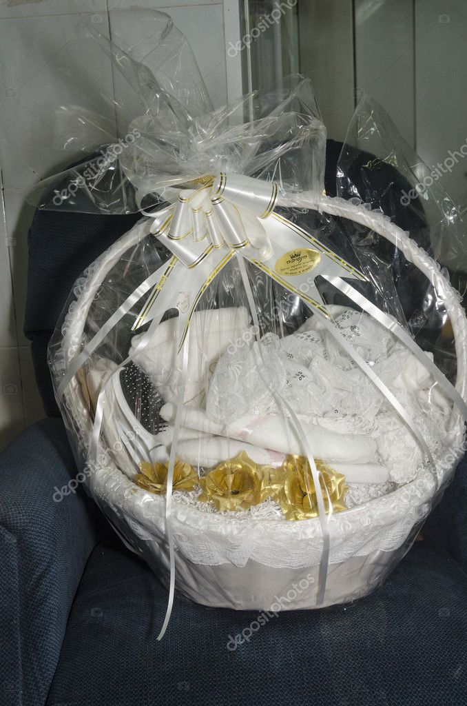 White Decorative Gift Basket For Wedding Mikvah Stock Photo