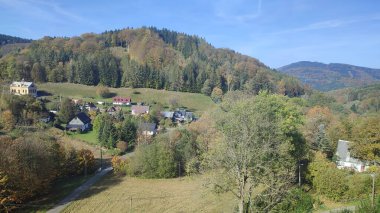 Hillside Sonbahar Köyü Doğa Anıtı Yaz mevsimi manzarası Ağaçları Yeşil mavi gökyüzü Açık Orman Ulusal Parkı. Yüksek kalite fotoğraf
