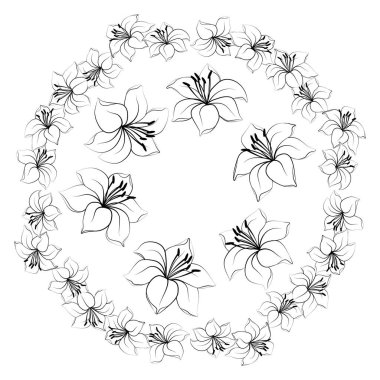 Şekil verilmiş Lily çiçekleri. Siyah beyaz çizimler. Yuvarlak çerçeve. Ayrı çiçekler..