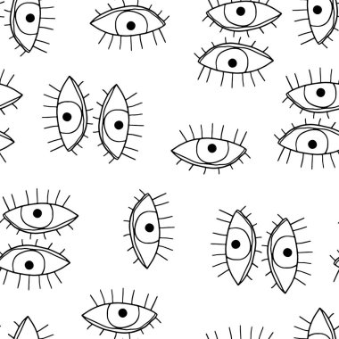 Gözün görüntüsüyle kusursuz desen. Çizgi film tarzında elle çizilmiş bir resim. Kumaş ve Duvar Kağıdı Dekorasyonu.