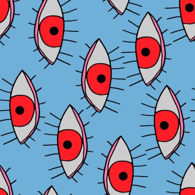 Renkli, parlak, kusursuz desenli, gözün görüntüsü. Çizgi film tarzında elle çizilmiş bir resim. Kumaş dekor ve Duvar Kağıdı.