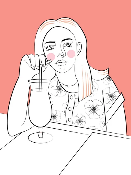 Liniowy Rysunek Dziewczyny Siedzącej Przy Stole Kawiarni Ilustracja Kolorowanki — Wektor stockowy