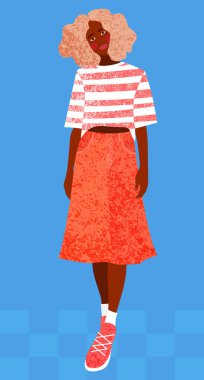 Sıradan giysiler içindeki ince bir kızın çizimi. Moda illüstrasyonu. Bir doku kullanarak.