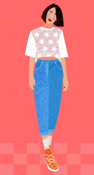 Sıradan giysiler içindeki ince bir kızın çizimi. Moda illüstrasyonu. Bir doku kullanarak.