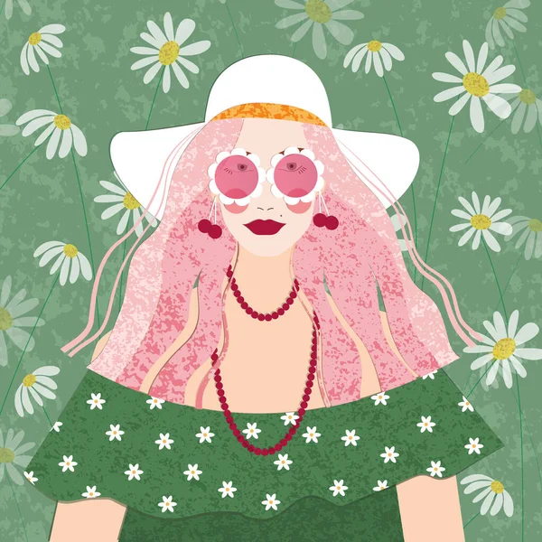 Ilustración Color Personaje Ficticio Una Chica Con Pelo Largo Rosado — Vector de stock