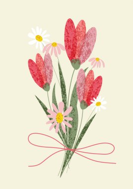  İçinde bir buket lale ve papatya resmi olan narin bir kartpostal..